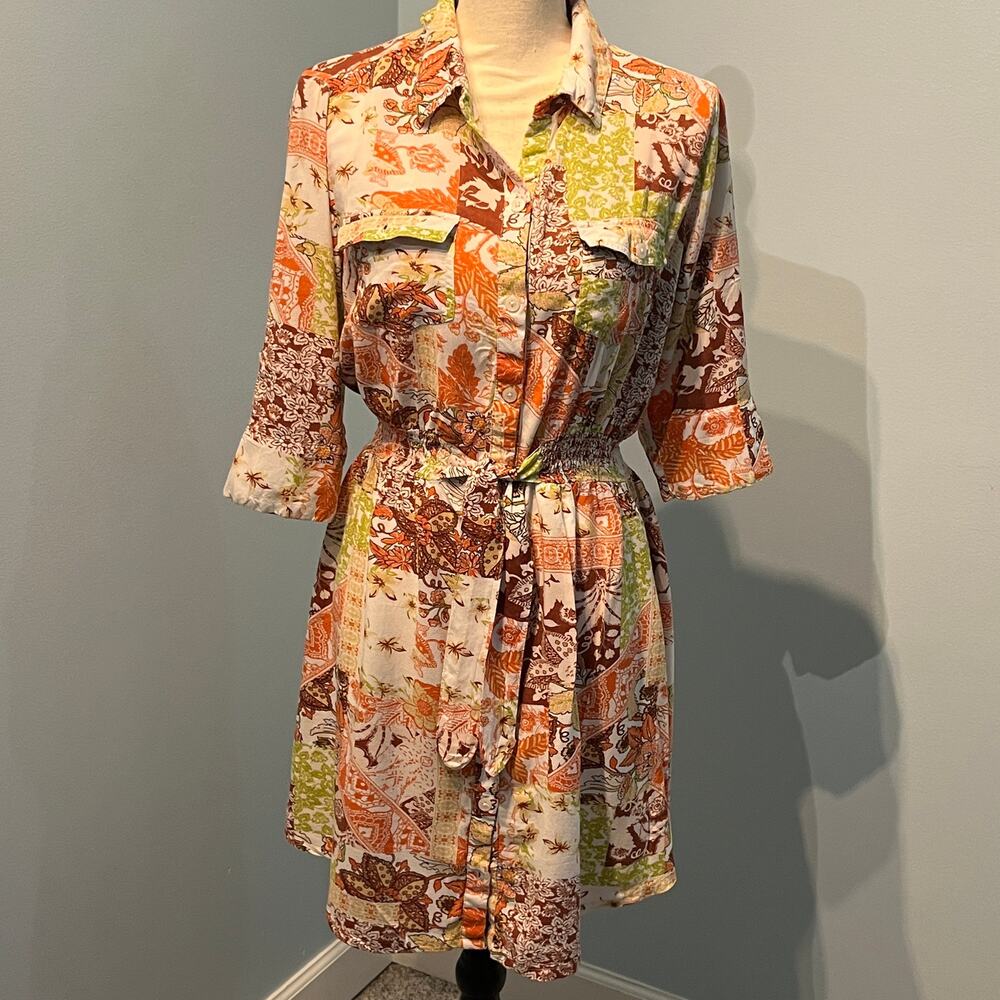 Boho Shirt Dress Patchwork Print Rayon Smocked Waist Button Front Sz M